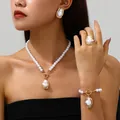 Baroque style faux pearl jewelry set with necklace, bracelet, ring, and earrings. - 4-Piece Set (Necklace+Bracelet+Earrings+Ring) / Gold