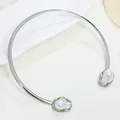 Minimalist silver-tone metal neck ring featuring two irregular white imitation pearls. - Choker Necklace / Silver