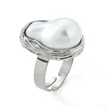 Elegant adjustable silver metal ring featuring a large white baroque faux pearl centerpiece - Ring / Silver