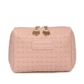 Pink woven texture cosmetic bag with elegant gold zipper pulls for stylish daily travel. - Pink