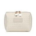 Close-up of cream woven checkered cosmetic bag with gold zippers and brand patch - White