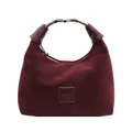 Vista frontale di una borsa sottobraccio in pelle scamosciata bordeaux con fibbia in metallo. - Borgogna