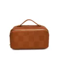 Brown checkered square handbag, chic cosmetic bag with handle for travel storage. - Brown