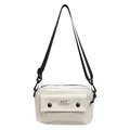 Piccola borsa a tracolla quadrata bianca minimalista con tracolla nera regolabile e tasca - Bianco