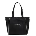 Bolso tote minimalista de nailon negro para mujer con ribetes blancos y bordado - Negro