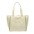 Vista frontal de un bolso tote de nailon crema con ribetes verdes y bordado - Blanco Roto