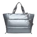 Large metallic silver quilted travel tote bag featuring an adjustable shoulder strap - Blue