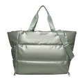 Large sage green quilted travel tote bag with metallic finish and adjustable shoulder strap - Green