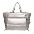 Detailed view of silver quilted large capacity travel tote bag with shoulder strap - Silver