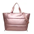Large rose gold metallic puffer travel bag with dual handles and shoulder strap - Pink