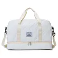 Front view of a white quilted travel bag featuring a double zipper bottom compartment - Off White
