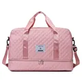 Pink quilted travel duffle bag detail with logo patch and bottom compartment - Peach Blossom Pink