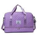 Close-up front view highlighting the quilted texture and structure of this purple travel bag - Taro Purple