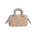 Detailed front view of beige fuzzy sherpa square handbag with a smooth top handle - Khaki