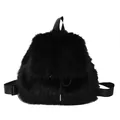 Close-up front view of a stylish fluffy black faux fur backpack with adjustable straps - Black
