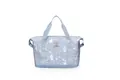 Close-up of holographic blue travel bag with unique letter patterns and bottom pocket - Blue