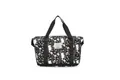 Front view of a large capacity black travel bag with white graffiti patterns and top handles. - Black