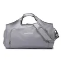 Front view of a large gray travel duffel bag with sturdy handles and shoulder strap - Gray