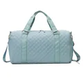 Front view of a quilted light blue fitness and travel bag featuring gold hardware details - Lake Blue