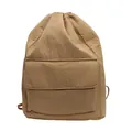 High-quality detail view of a khaki drawstring nylon backpack featuring front flap pocket - Dark Khaki