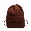 Detailed view of brown nylon drawstring backpack with large capacity and front pocket - Red Brown