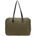 Detailed front view of an army green canvas commute bag with black faux leather straps - Green