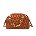 Detailed view of the brown quilted handbag featuring a chunky gold chain and frame closure - Brown