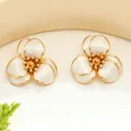 Elegant cream white flower stud earrings with golden edges in forest style for women. - Earrings / White