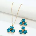 Elegant teal enamel flower necklace and earrings jewelry set for women with gold-tone finish - Earrings and Necklace Set / Blue