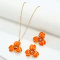 Elegant orange enamel flower necklace and matching earrings jewelry set for women - Earrings and Necklace Set / Orange