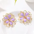Elegant purple enamel drip oil flower stud earrings with golden hollow petals design - Earrings / Purple