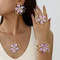 Elegant purple drip oil flower jewelry set including necklace, earrings, ring, and bracelet - Set / Purple