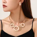 Elegant pink and gold enamel dripping oil geometric circle necklace and earrings jewelry set - Interlocking Ring Necklace and Earrings Set (28DYXT) / Pink