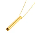 Detailed close-up view of gold titanium steel whistle pendant for breathing meditation. - Gold