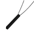 Detail view of a sleek black titanium steel breathing meditation whistle necklace. - Black