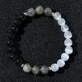 Natural stone beaded bracelet with black obsidian, white selenite, and labradorite beads - Black and White Cat's Eye Style (2026316 Style 7)
