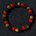 Tiger eye and natural stone beaded bracelet with red, black, and brown round beads - Red-Black Agate and Tiger's Eye Style (2026316 Style 15)