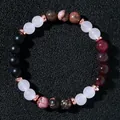Elastic natural stone beaded bracelet with rose quartz, black onyx and tiger eye beads - Black Agate & Rose Quartz Style (Model 2026316 Style 18)