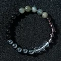Multicolor natural stone beaded bracelet with labradorite onyx and quartz beads - Black Agate & Clear Quartz Style (Model 2026316 Style 19)