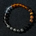Healing natural stone beaded bracelet with tiger eye and quartz stones on black leather - Tiger Eye & Smoky Quartz Style (Model 2026316 Style 20)