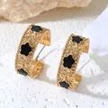 Boucles d'oreilles créoles dorées de style vintage avec motifs fleurs en émail noir - Base Or Noir