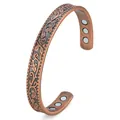 Antique red copper magnetic cuff bracelet with floral engraving and adjustable C-shape - Rose Style