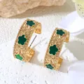 Boucles d'oreilles créoles dorées en alliage avec fleurs en émail vert - Base Or Vert