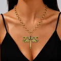 Vintage gold chain necklace featuring a green enamel dragonfly pendant with rhinestones. - 01 Green + KC Gold