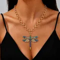 Vintage chunky gold chain necklace featuring a colorful enamel dragonfly pendant with rhinestones - 03 Blue + KC Gold