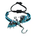 Vintage blue enamel dragon bracelet featuring rhinestones and a black braided cord - Blue Braided Bracelet