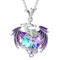 Vintage Flying Dragon Heart Pendant Necklace with purple enamel wings and blue crystal - Purple Dragon Necklace