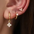 Elegant gold-plated copper hoop and stud earring set featuring sparkling cubic zirconia stones - Four-Petal Flower 3-Piece Set (82TED) / Gold