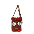 Detailansicht einer braunen Häkel-Handytasche mit lustigem Gesicht und Dollarzeichen - Stil 2
