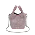 Front view of pink rhinestone studded bucket bag with silver chain strap and handles - Pink